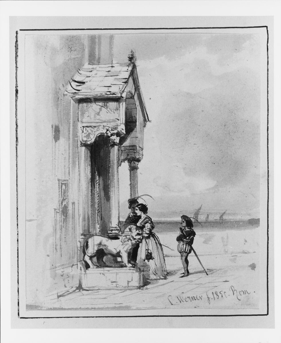 Couple Entering Building, with Attendant  (from Cropsey Album), Carl Friedrich Heinrich Werner (German, 1808–1894), Watercolor washes and pen and black ink on white wove paper, American