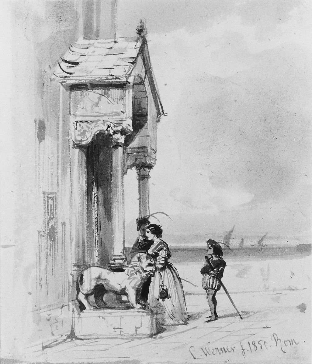 Couple Entering Building, with Attendant  (from Cropsey Album), Carl Friedrich Heinrich Werner (German, 1808–1894), Watercolor washes and pen and black ink on white wove paper, American 