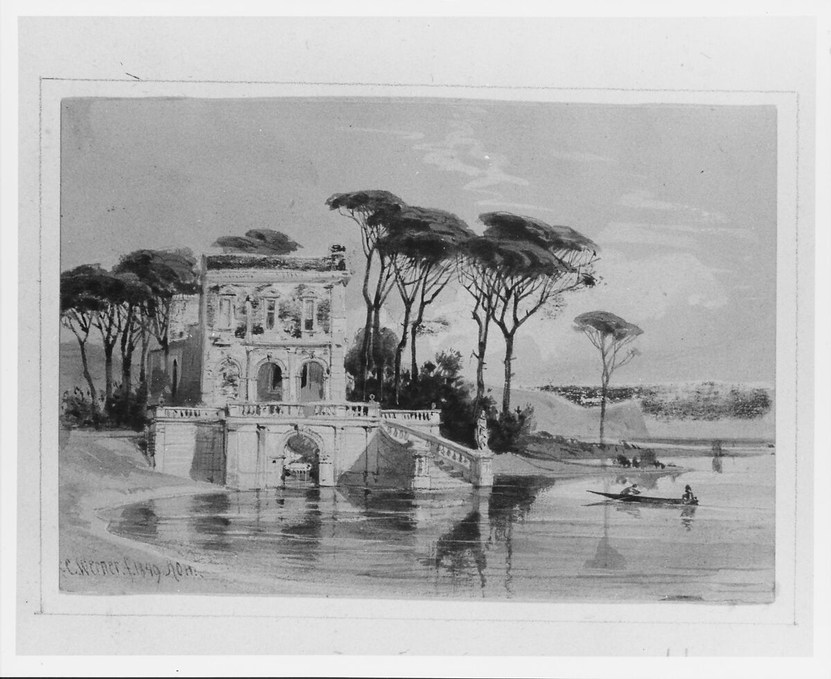 Italian Lake Scene with Villa (from Cropsey Album), Carl Friedrich Heinrich Werner (German, 1808–1894), Pen and brown ink and lead-white gouache on light brown wove paper, American