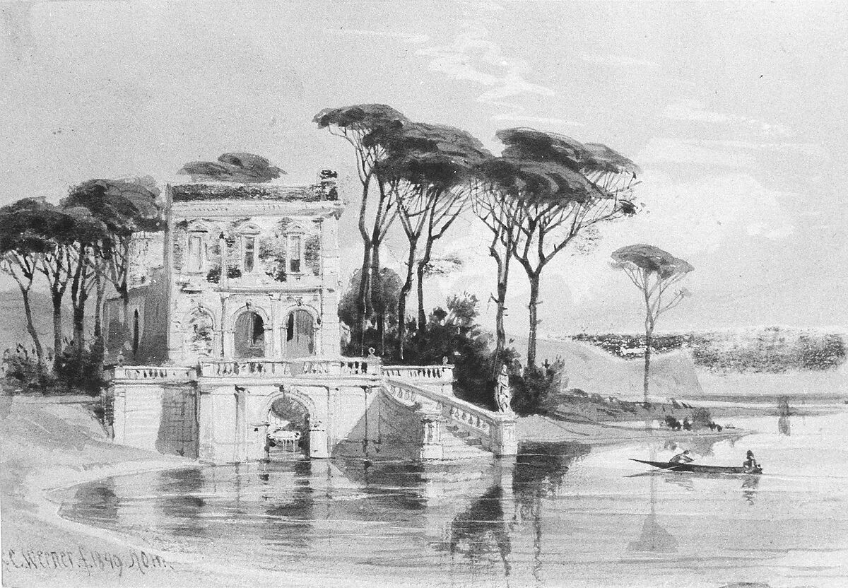 Italian Lake Scene with Villa (from Cropsey Album), Carl Friedrich Heinrich Werner (German, 1808–1894), Pen and brown ink and lead-white gouache on light brown wove paper, American 