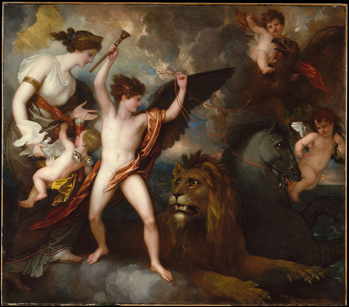 Omnia Vincit Amor, or The Power of Love in the Three Elements, Benjamin West  American, Oil on canvas, American