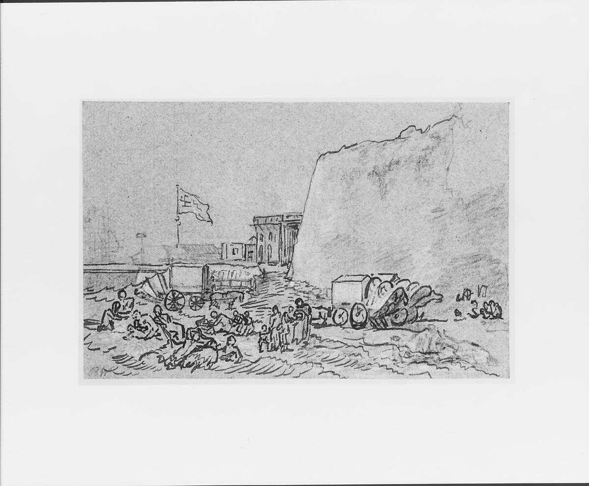 Scene at Margate, Benjamin West (American, Swarthmore, Pennsylvania 1738–1820 London), Pen, brown ink, and white chalk on blue laid paper, American