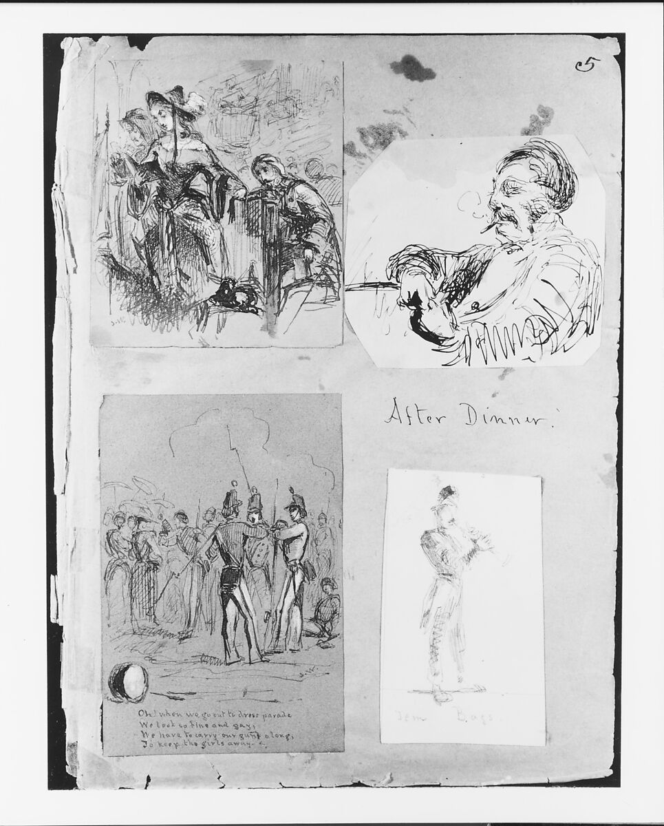 After Dinner (Possibly Ross Winans) (from Sketchbook), James McNeill Whistler (American, Lowell, Massachusetts 1834–1903 London), Brown ink on blue wove paper, American 