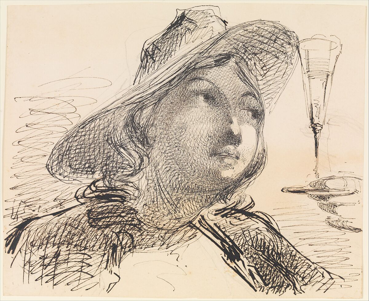 Bust of a Young Woman with Hat, Wine Glass (from Sketchbook), James McNeill Whistler (American, Lowell, Massachusetts 1834–1903 London), Black ink and graphite on off-white wove paper, American