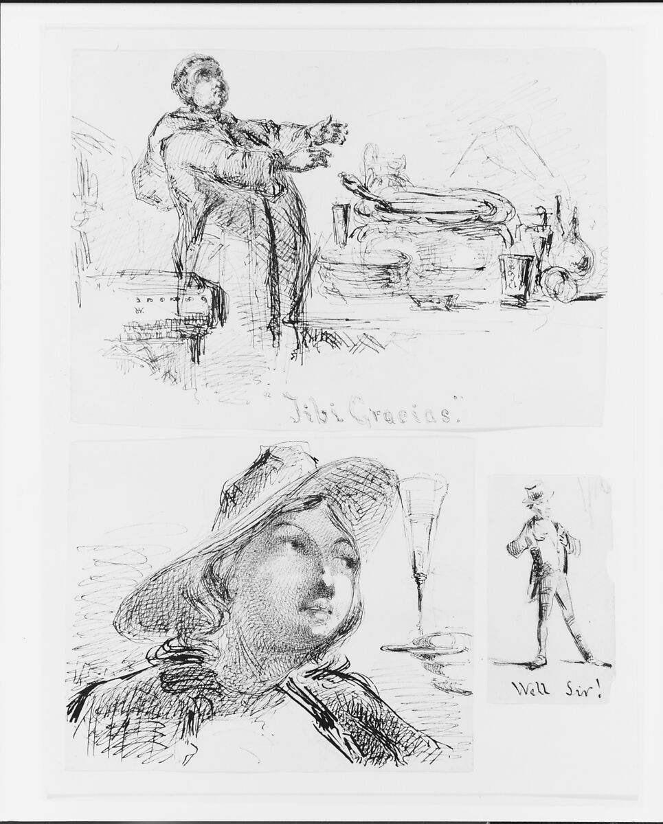 Bust of a Young Woman with Hat, Wine Glass (from Sketchbook), James McNeill Whistler (American, Lowell, Massachusetts 1834–1903 London), Black ink and graphite on off-white wove paper, American 