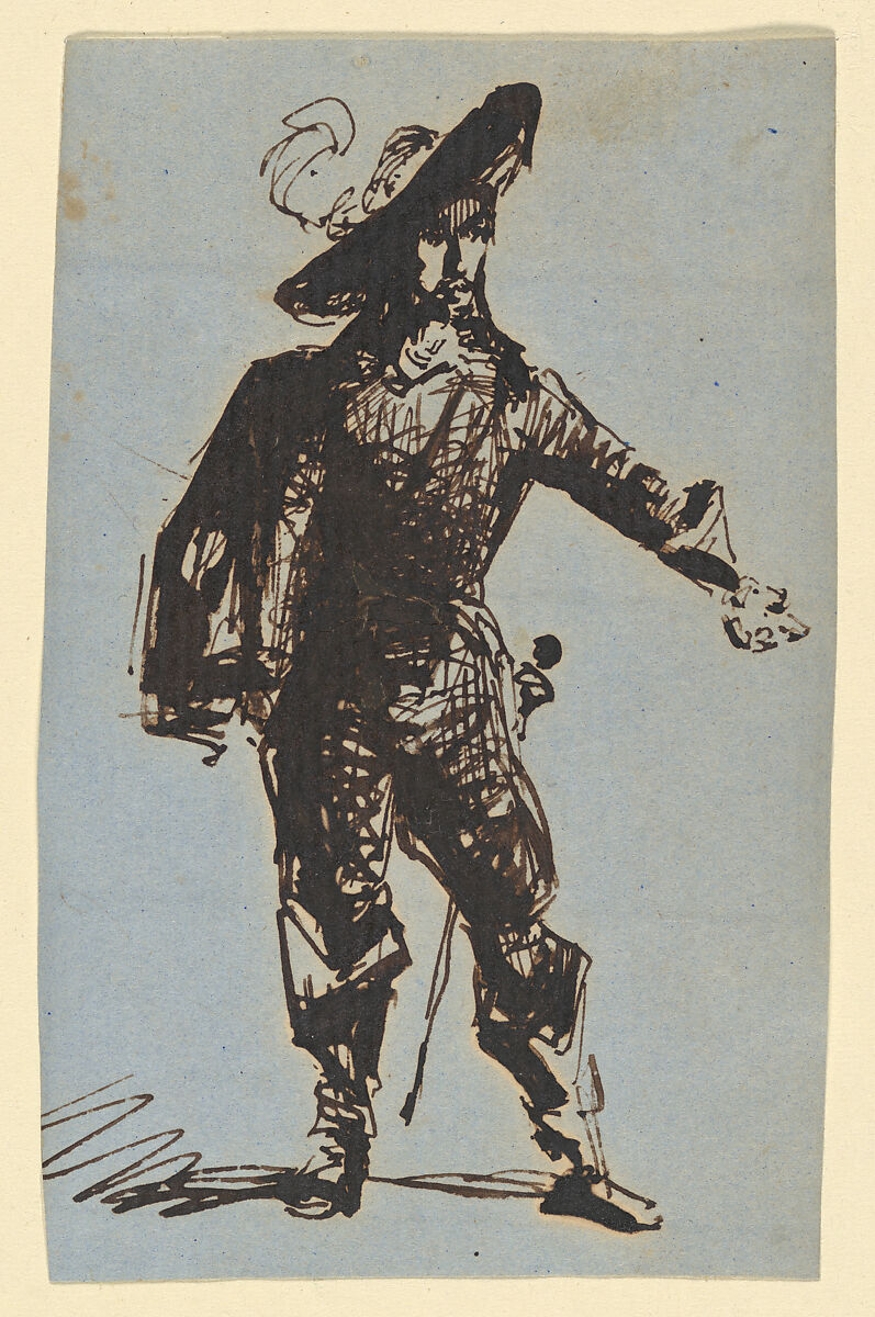 Cavalier (from Sketchbook), James McNeill Whistler  American, Brownish-black ink on blue laid paper, American