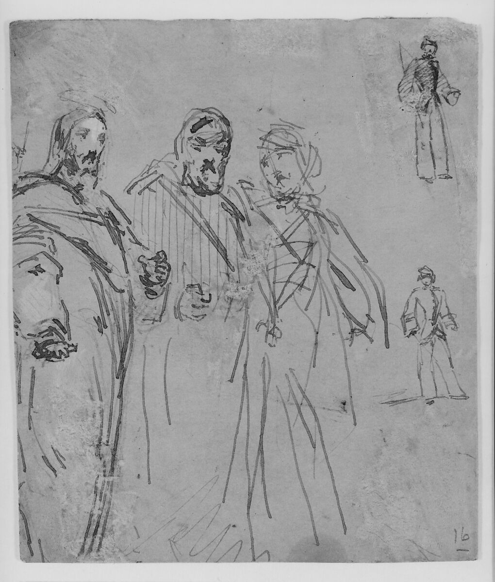 Church Scene (from Sketchbook), James McNeill Whistler (American, Lowell, Massachusetts 1834–1903 London), Brown ink, white gouache, graphite and wash on brown wove paper, American
