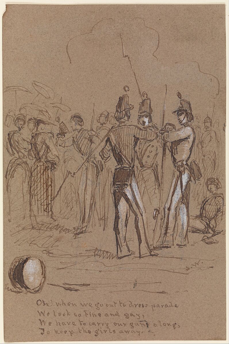 Dress Parade (from Sketchbook), James McNeill Whistler (American, Lowell, Massachusetts 1834–1903 London), Brown ink, gouache and graphite on greenish-brown wove paper, American