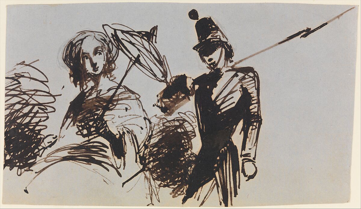 Girl with Parasol and Cadet (from Sketchbook), James McNeill Whistler (American, Lowell, Massachusetts 1834–1903 London), Brown ink and graphite on blue laid paper, American