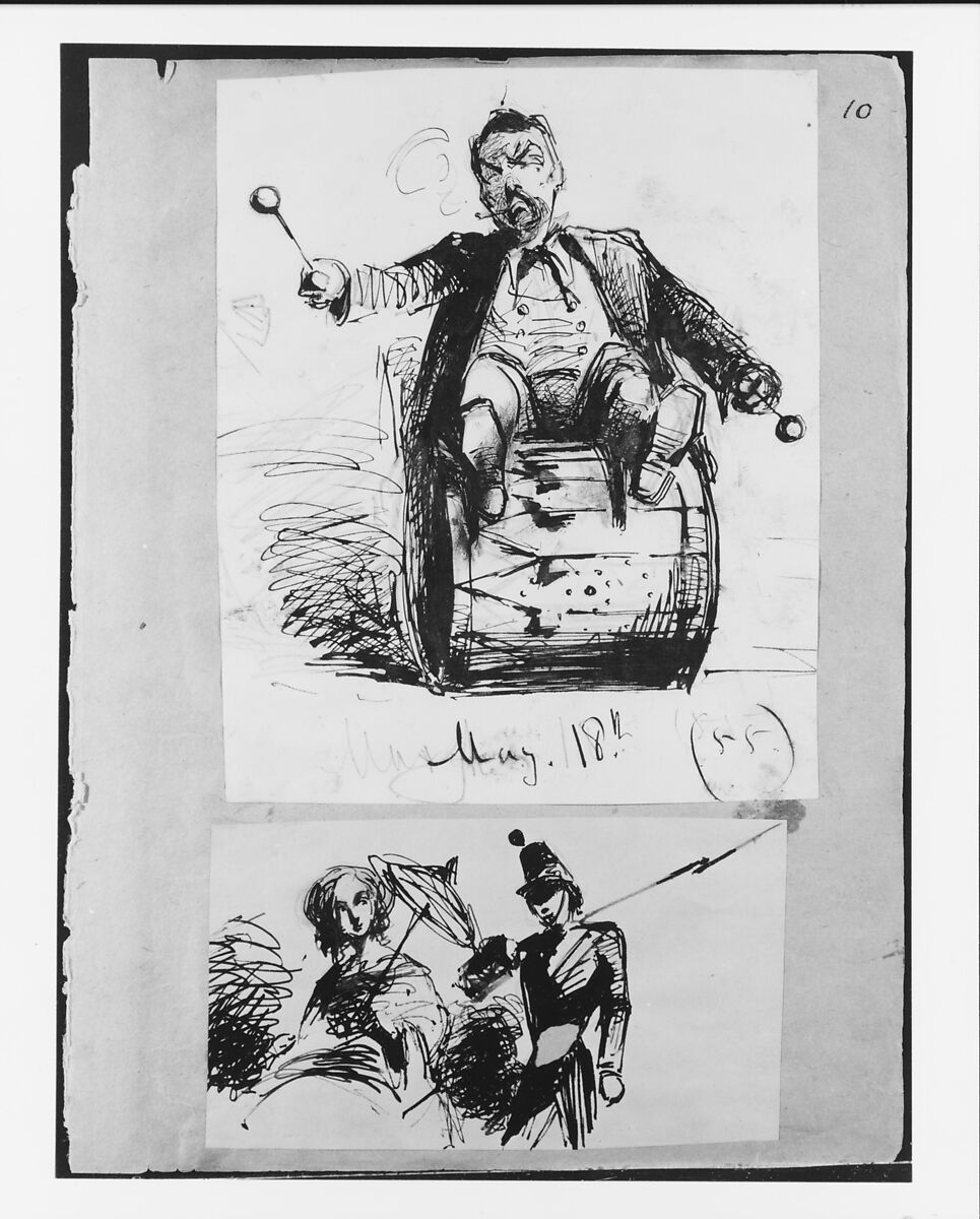 Girl with Parasol and Cadet (from Sketchbook), James McNeill Whistler (American, Lowell, Massachusetts 1834–1903 London), Brown ink and graphite on blue laid paper, American 