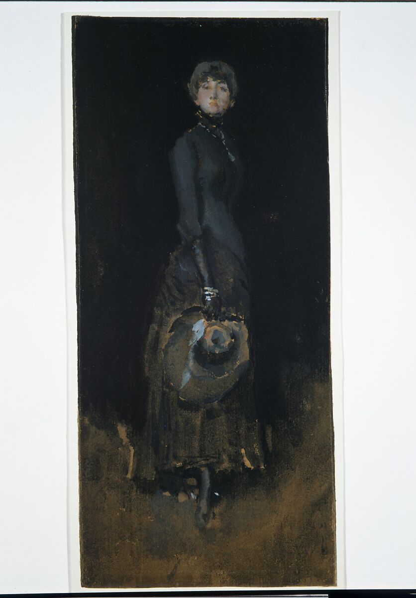 Lady in Gray, James McNeill Whistler (American, Lowell, Massachusetts 1834–1903 London), Watercolor and gouache on dark brown wove paper, American