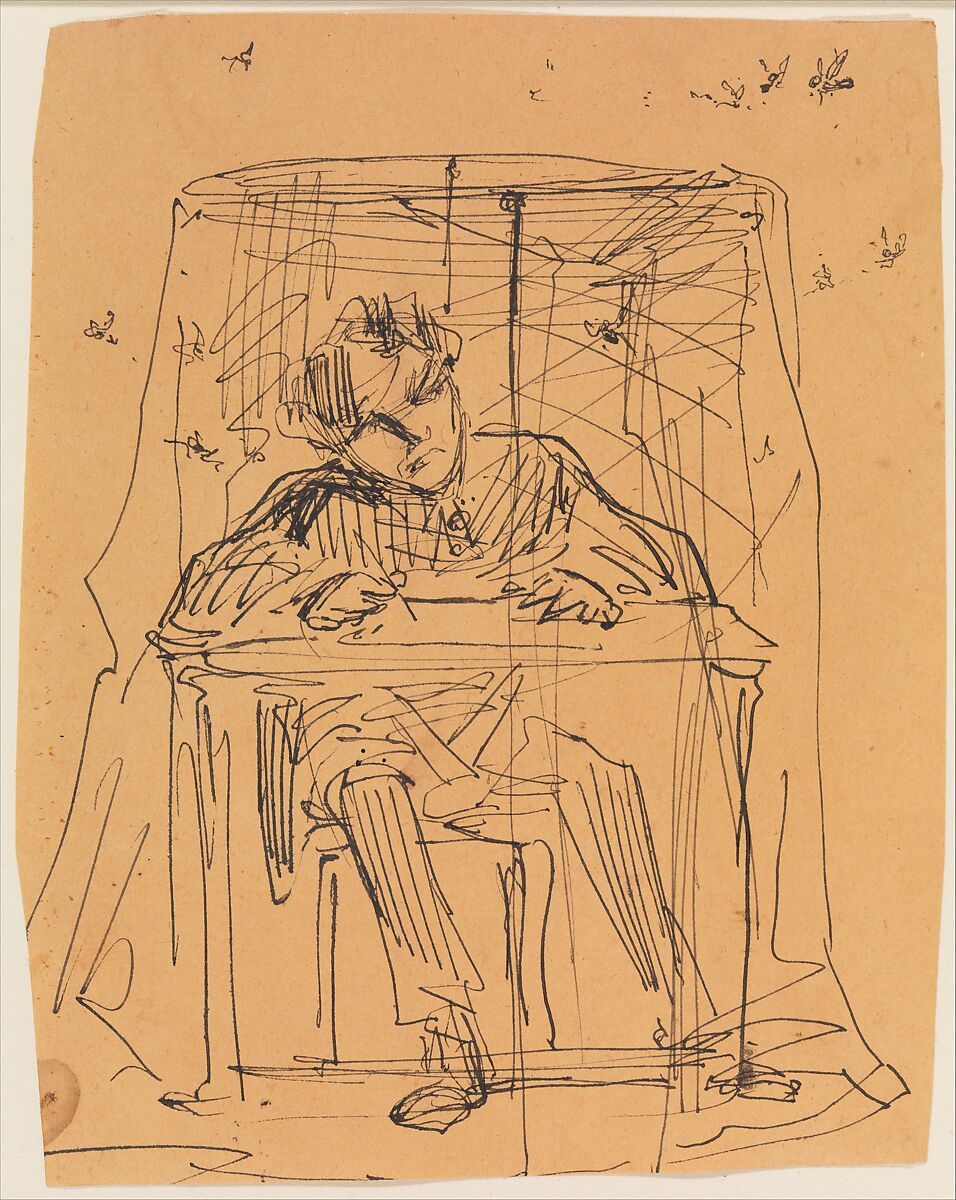 Man at Table beneath Mosquito Net (from Sketchbook), James McNeill Whistler (American, Lowell, Massachusetts 1834–1903 London), Black ink on manilla-colored wove paper, American 