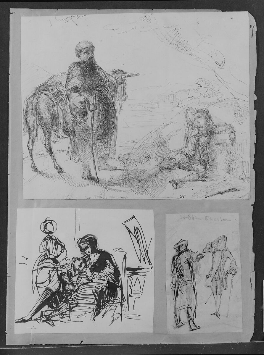 Man with Donkey and Reclining Boy (Recto); Two Areas Blocked in Blue: Head of Man, Female Head and Head (Verso) (from Sketchbook), James McNeill Whistler (American, Lowell, Massachusetts 1834–1903 London), Black and brown ink on off-white wove paper, American 