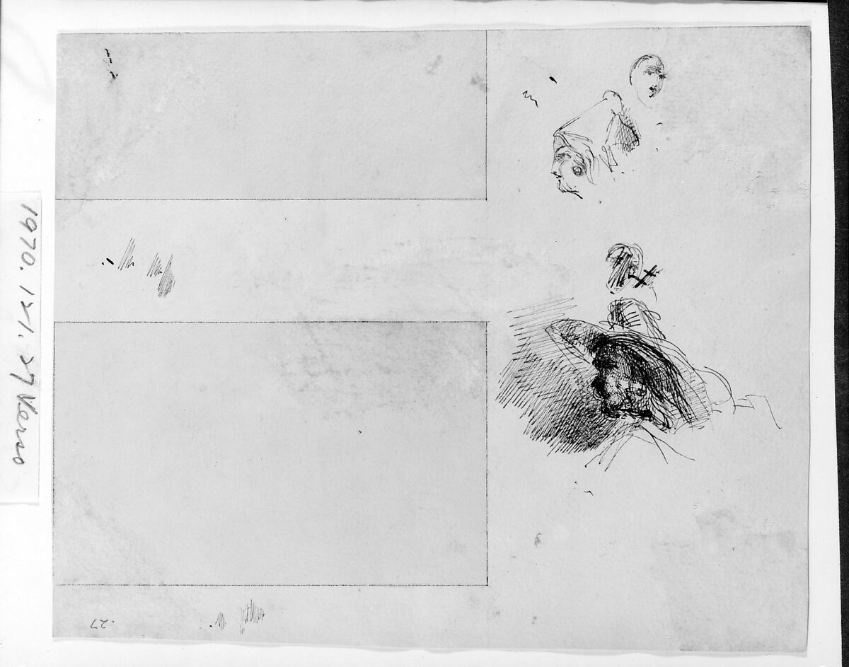 Man with Donkey and Reclining Boy (Recto); Two Areas Blocked in Blue: Head of Man, Female Head and Head (Verso) (from Sketchbook), James McNeill Whistler (American, Lowell, Massachusetts 1834–1903 London), Black and brown ink on off-white wove paper, American