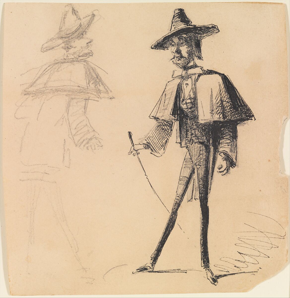 Man with Walking Stick (from Sketchbook), James McNeill Whistler (American, Lowell, Massachusetts 1834–1903 London), Black ink and graphite on buff wove paper, American