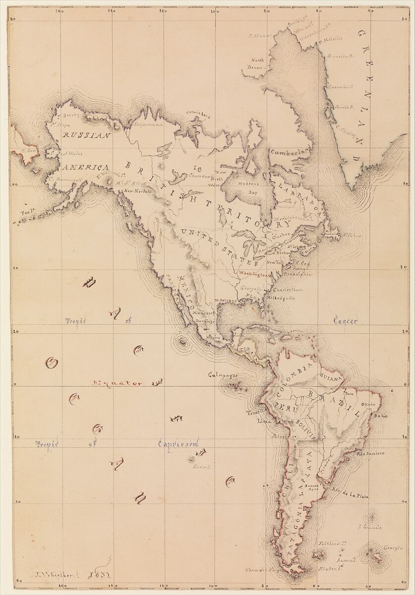 Map of the Western Hemisphere (from Sketchbook), James McNeill Whistler (American, Lowell, Massachusetts 1834–1903 London), Black ink and watercolor on light buff paper, American