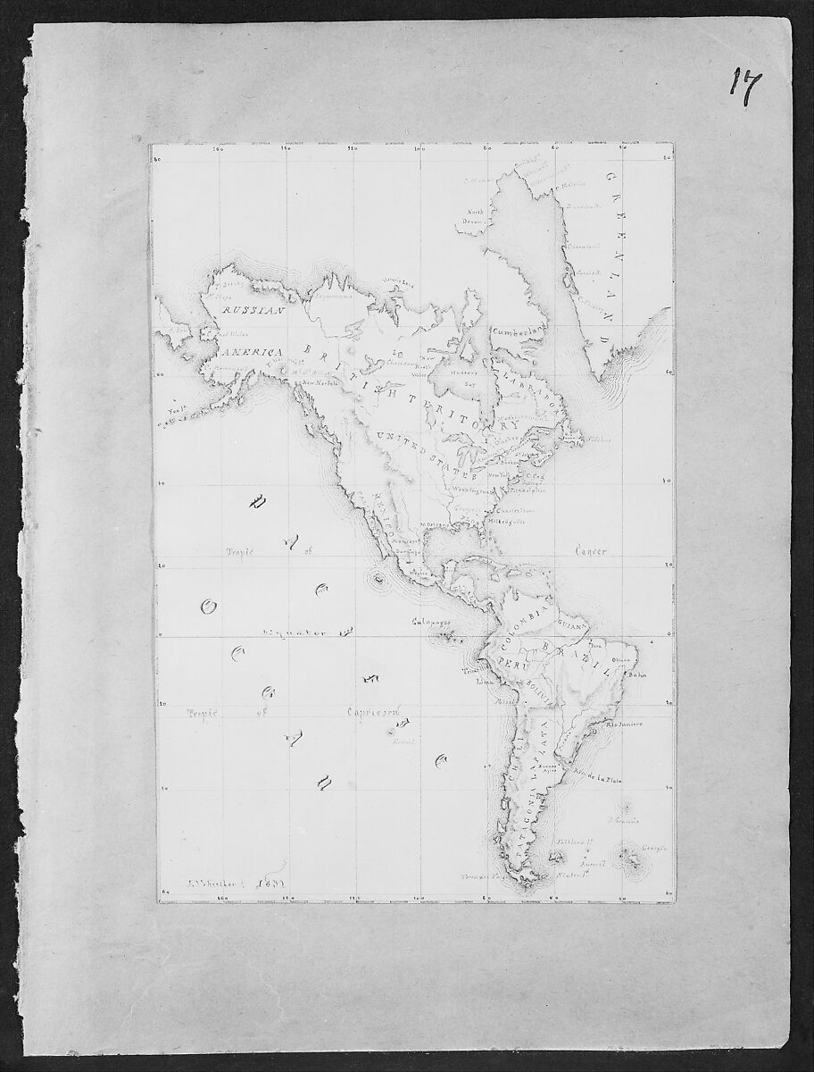 Map of the Western Hemisphere (from Sketchbook), James McNeill Whistler (American, Lowell, Massachusetts 1834–1903 London), Black ink and watercolor on light buff paper, American 