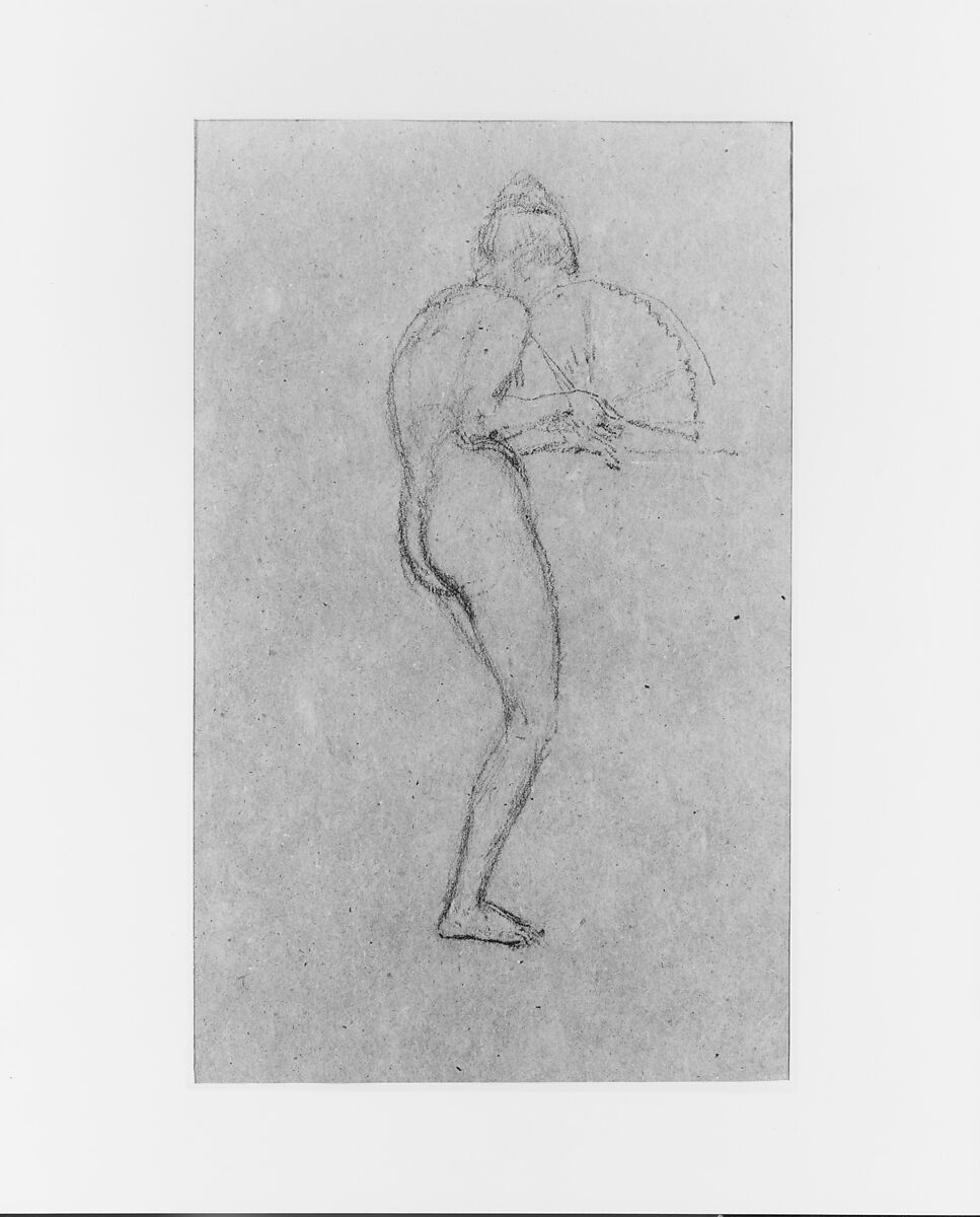 Female Nude with a Fan, James McNeill Whistler (American, Lowell, Massachusetts 1834–1903 London), Conté crayon and white chalk on brown wove paper, American 