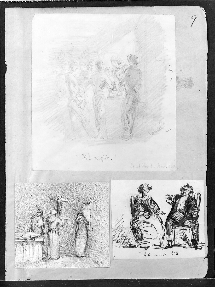Oil Night (Recto); Several Sketches of Heads (Verso) (from Sketchbook), James McNeill Whistler  American, Graphite on light tan wove paper (recto);
 black chalk (verso), American