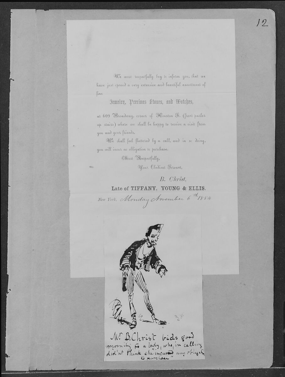 Printed Announcement from B. Christ to which is Glued Drawing with Inscription "W.B. Christ bids good morning . . . " (from Sketchbook), James McNeill Whistler (American, Lowell, Massachusetts 1834–1903 London), Brown ink on off-white wove paper, American 