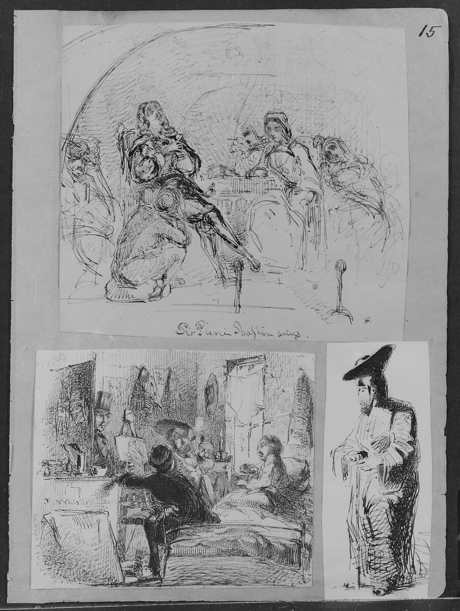 Sir Piercie Shafton Sings (from Sir Walter Scott's "The Monastery") (Recto); Sketch of Female Figure (Verso) (from Sketchbook), James McNeill Whistler (American, Lowell, Massachusetts 1834–1903 London), Brown ink and graphite on brown wove paper, American 