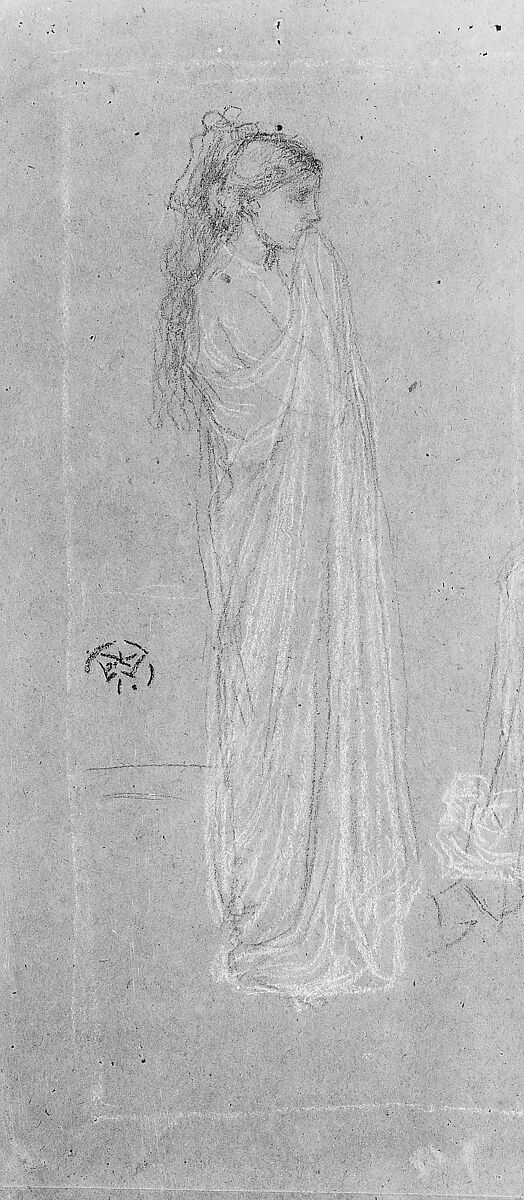 Draped Female Figure, James McNeill Whistler (American, Lowell, Massachusetts 1834–1903 London), Conté crayon and white chalk on brown wove paper, American