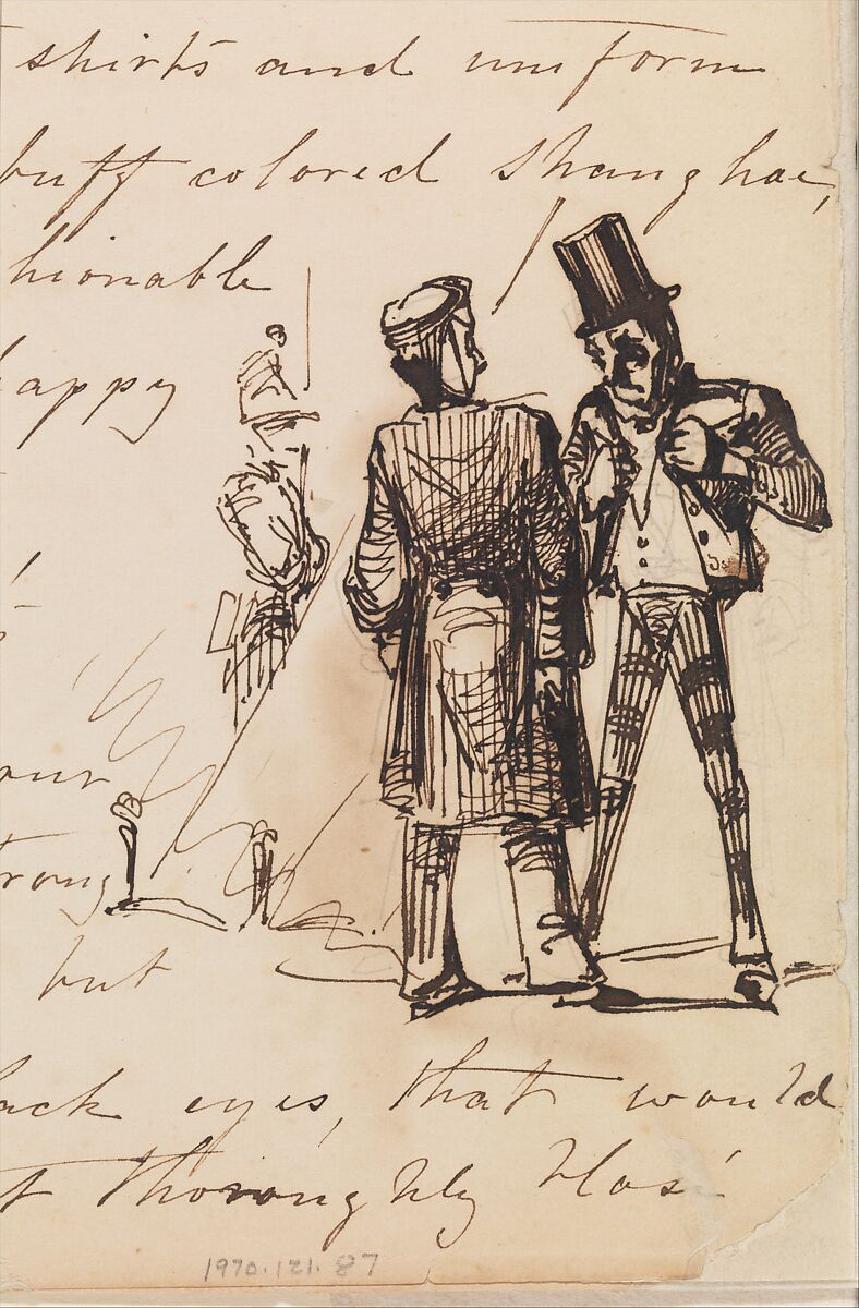 Three Men (Sketch in Lower Right Hand Corner of Handwritten Journal (from Sketchbook), James McNeill Whistler (American, Lowell, Massachusetts 1834–1903 London), Pen and ink on paper, American 