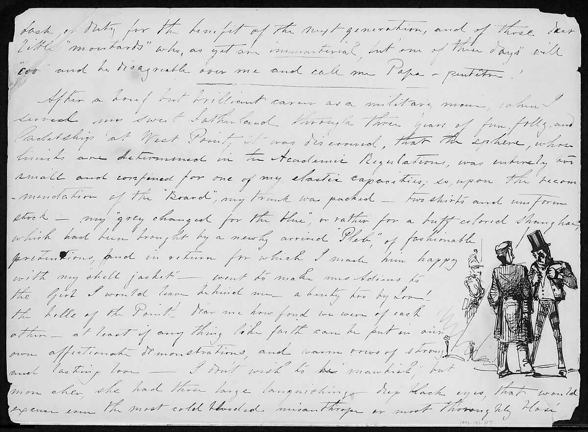Three Men (Sketch in Lower Right Hand Corner of Handwritten Journal (from Sketchbook), James McNeill Whistler (American, Lowell, Massachusetts 1834–1903 London), Pen and ink on paper, American