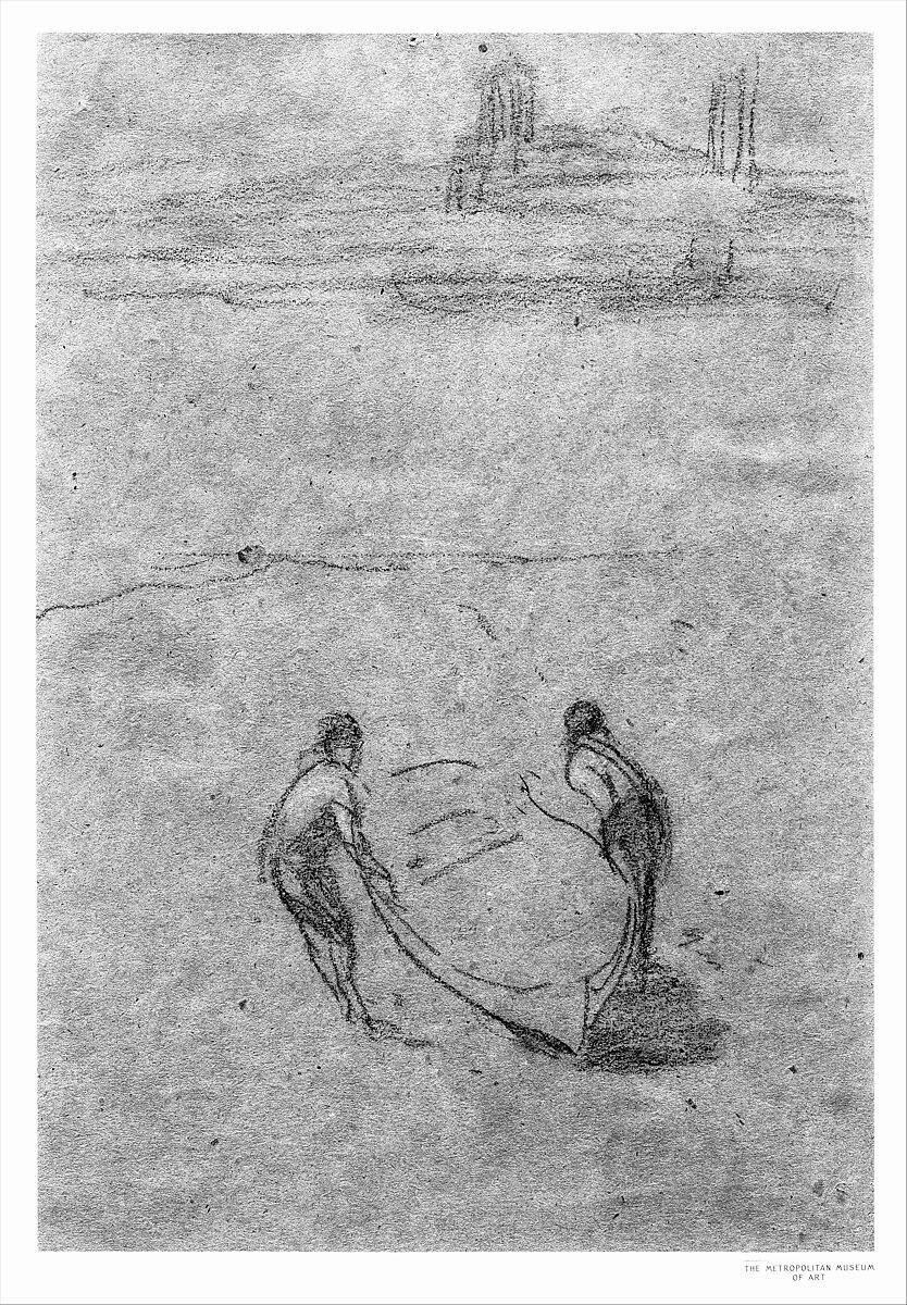 Two Men and a Boat, James McNeill Whistler (American, Lowell, Massachusetts 1834–1903 London), Conté crayon and white chalk on brown wove paper, American