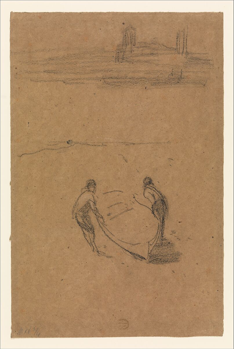 Two Men and a Boat, James McNeill Whistler (American, Lowell, Massachusetts 1834–1903 London), Conté crayon and white chalk on brown wove paper, American 
