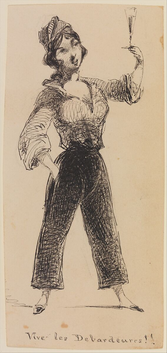 Vives Les Debardeures [sic]!! (from Sketchbook), James McNeill Whistler (American, Lowell, Massachusetts 1834–1903 London), Black ink and graphite off-white wove paper, American