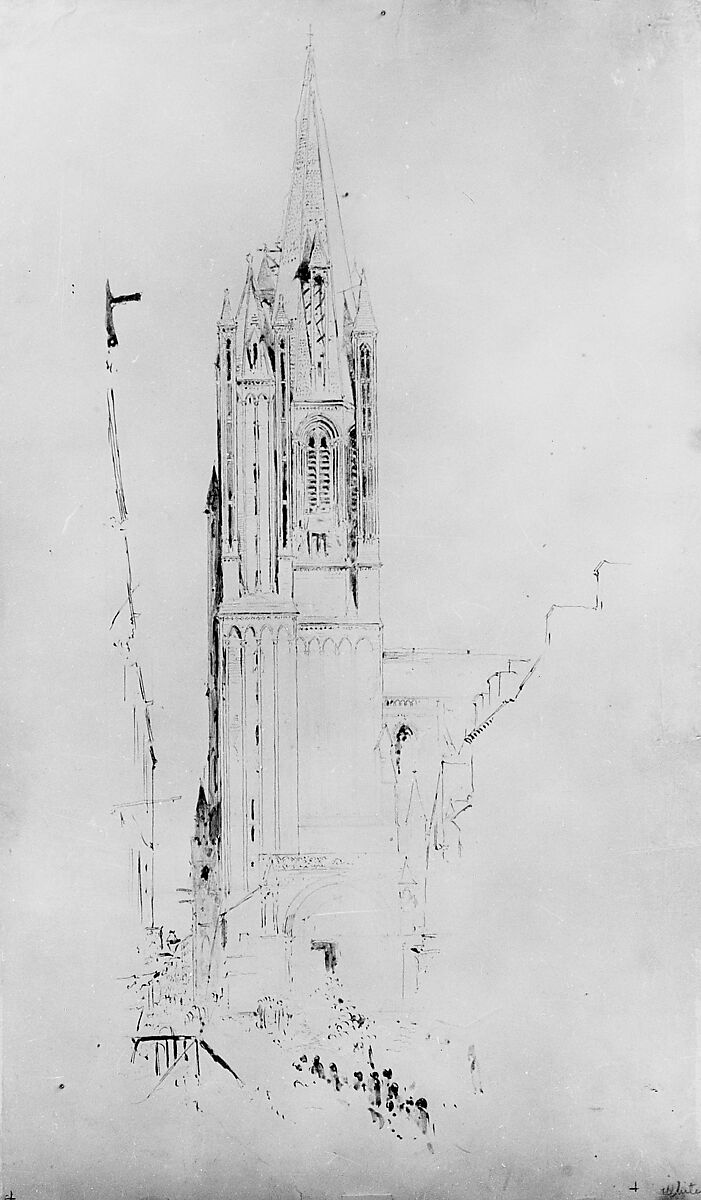 Coutances Cathedral, Stanford White (American, New York 1853–1906 New York), Brown ink and graphite on buff colored cardboard, American 