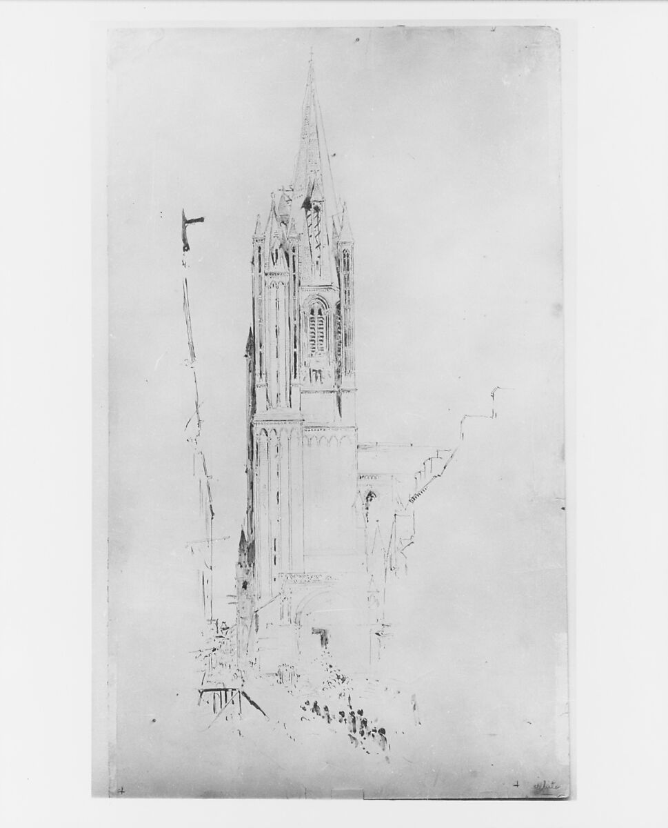 Coutances Cathedral, Stanford White (American, New York 1853–1906 New York), Brown ink and graphite on buff colored cardboard, American