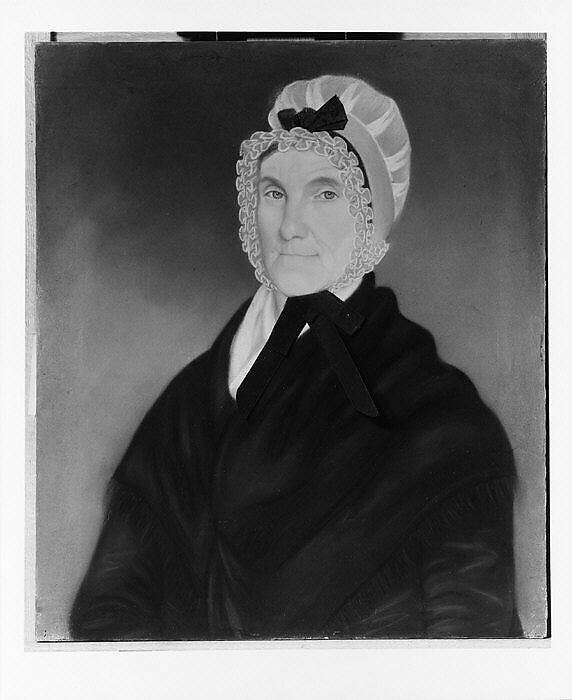 Mrs. Abraham Vorhees (née Leah Nevius or Jane Kershow), Pastel on off-white wove paper with black grosgrain-type ribbon, mounted on a wood strainer, American 