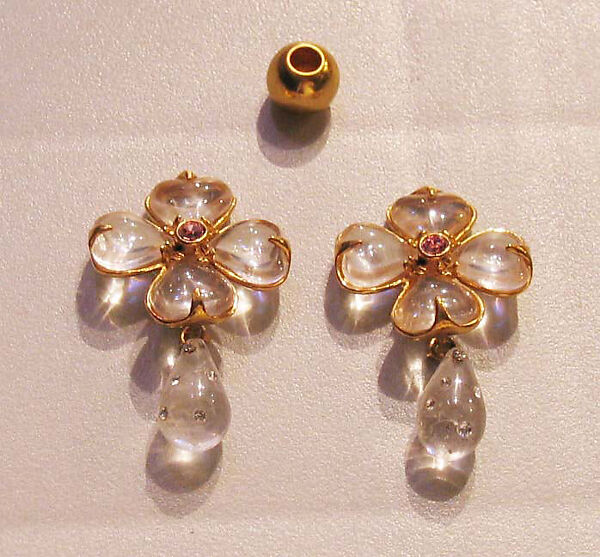 Earrings, Goossens (French, founded 1950), a,b) metal, quartz, rhinestone, French 