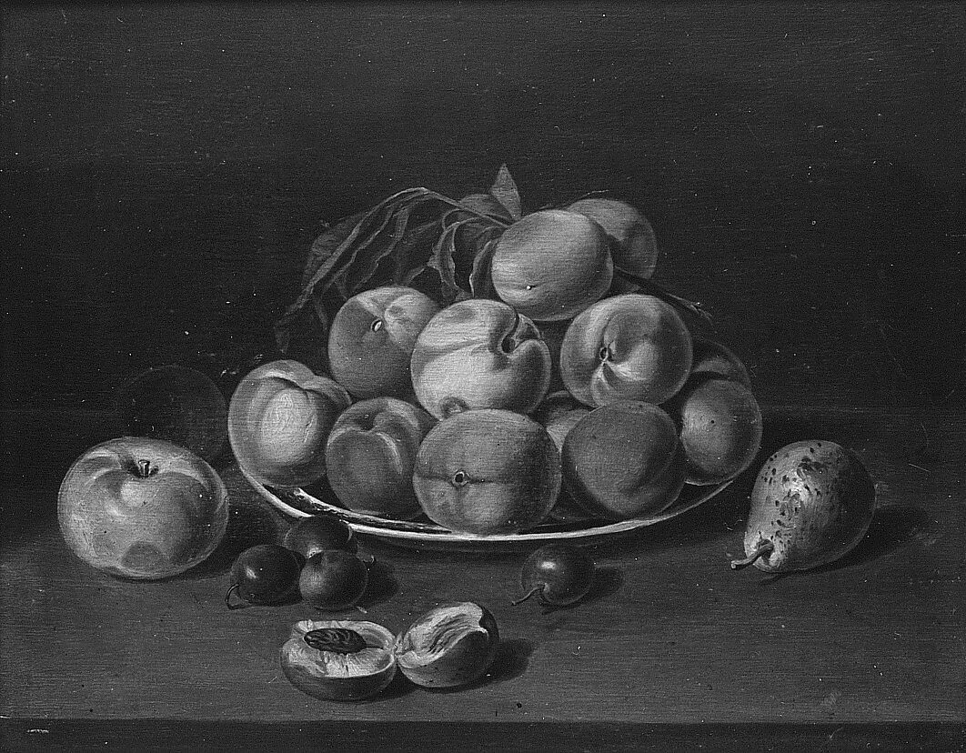 Still Life: Peaches, Apple, and Pear, John  A. Woodside (1781–1852), Oil on wood, American 