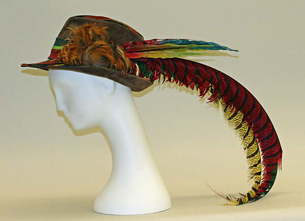 Hat, Yves Saint Laurent (French, founded 1961), cotton, leather, feathers, silk, French 