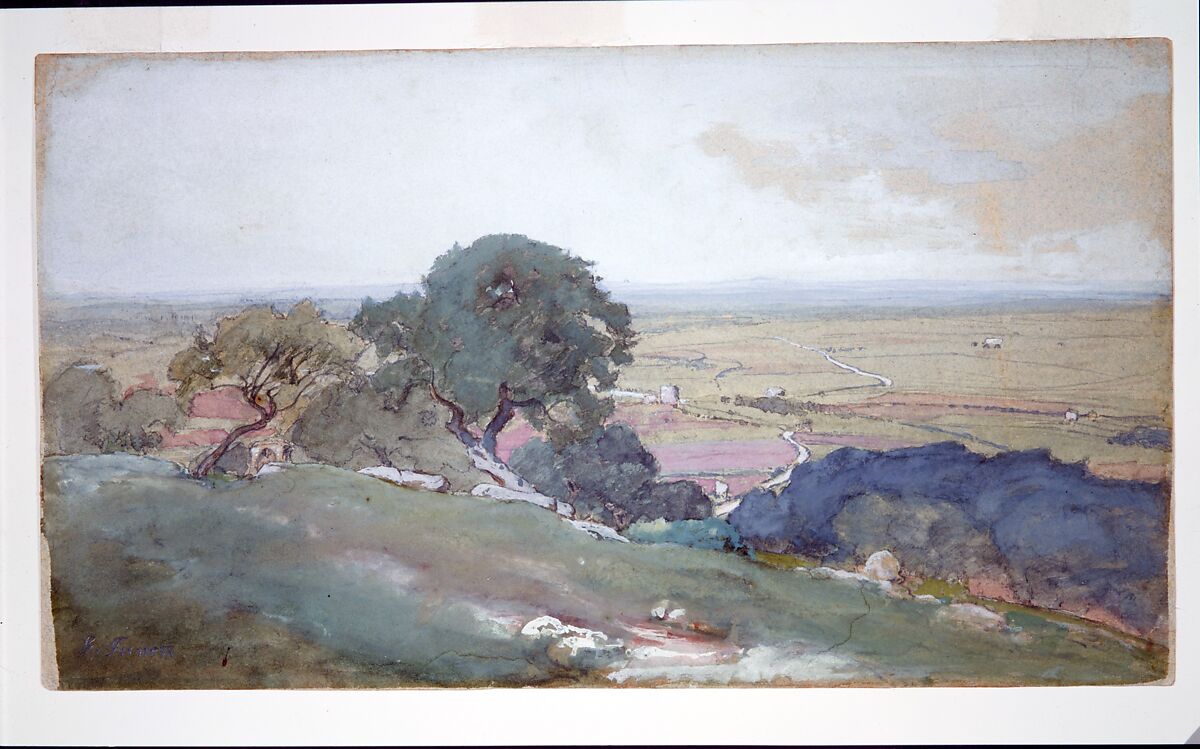 Olive Trees at Tivoli, George Inness (American, Newburgh, New York 1825–1894 Bridge of Allan, Scotland), Gouache, watercolor, and graphite on blue wove paper with colored fibers, American