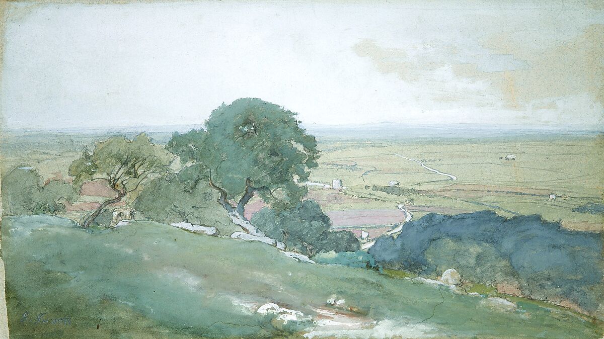 Olive Trees at Tivoli, George Inness (American, Newburgh, New York 1825–1894 Bridge of Allan, Scotland), Gouache, watercolor, and graphite on blue wove paper with colored fibers, American