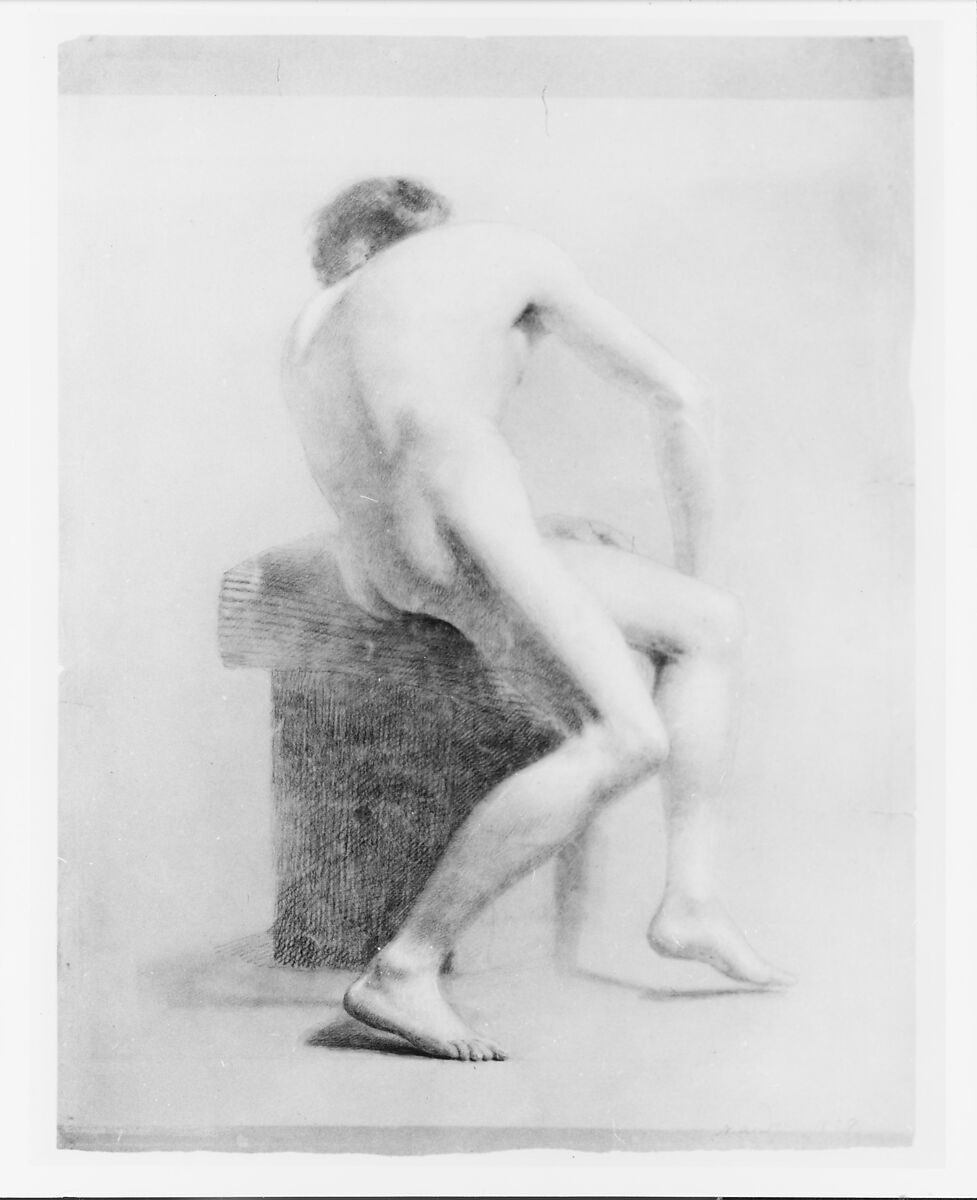 Seated Male Nude, Daniel Huntington (American, New York 1816–1906 New York), Black chalk and white chalk heightening on light brown wove paper, American