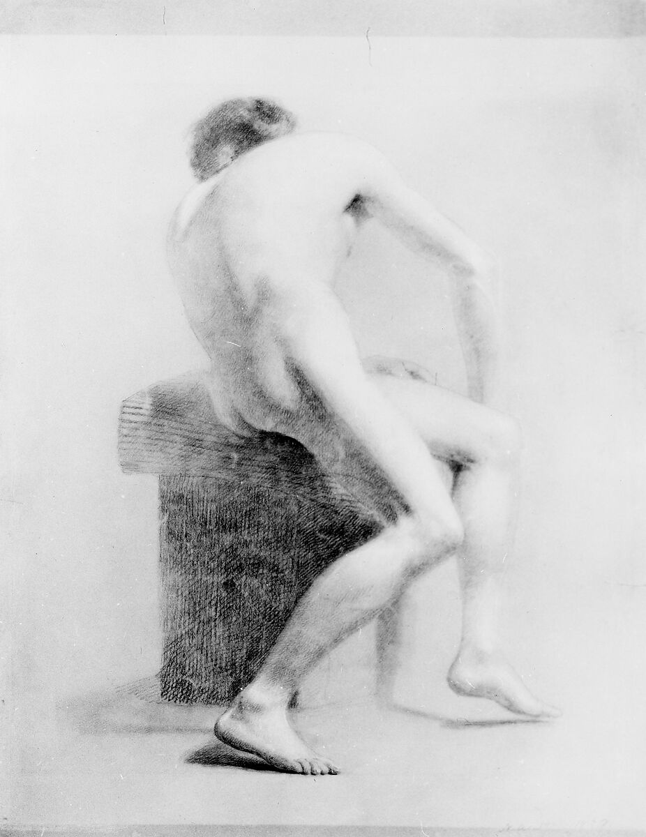 Seated Male Nude, Daniel Huntington (American, New York 1816–1906 New York), Black chalk and white chalk heightening on light brown wove paper, American 