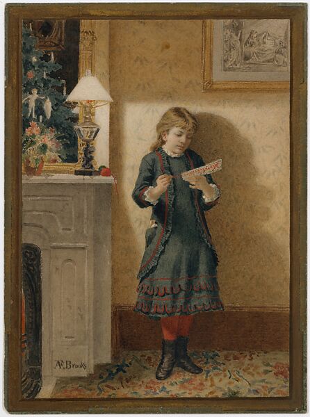 Child with Christmas Card, Alden Finney Brooks (1840–1932), Watercolor, graphite, and gold paint on wove cardboardWatercolor, light scraping to retain whites, graphite underdrawings; gold paint [border]; Stipple rich in face; used a combination of thin washes, layered to enchance and modify color and thick opaque color [red] which has a slight gloss [perhaps coated or combined with gun arabie]; entire sheet is covered, American 