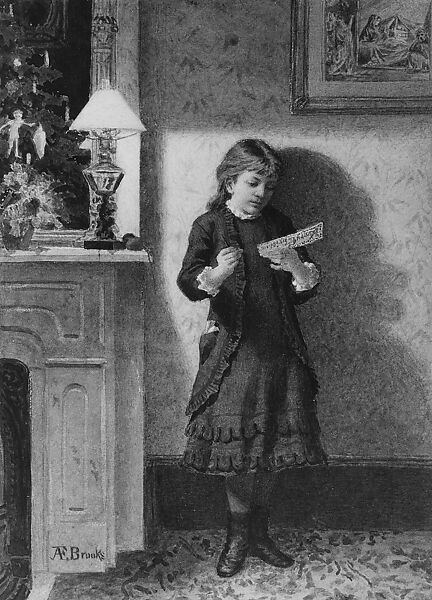 Child with Christmas Card, Alden Finney Brooks (1840–1932), Watercolor, graphite, and gold paint on wove cardboardWatercolor, light scraping to retain whites, graphite underdrawings; gold paint [border]; Stipple rich in face; used a combination of thin washes, layered to enchance and modify color and thick opaque color [red] which has a slight gloss [perhaps coated or combined with gun arabie]; entire sheet is covered, American