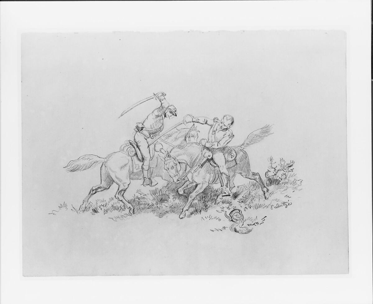 Soldiers Fighting, Emanuel Leutze (American, Schwäbisch Gmünd 1816–1868 Washington, D.C.), Graphite on buff-colored wove paper with gilt edges, American