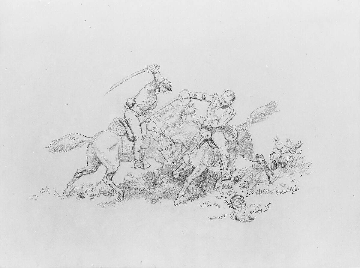 Soldiers Fighting, Emanuel Leutze (American, Schwäbisch Gmünd 1816–1868 Washington, D.C.), Graphite on buff-colored wove paper with gilt edges, American 