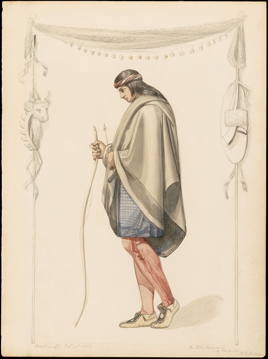 Indian Figure in Profile, Henry Kirke Brown (American, Leyden, Massachusetts 1814–1886 Newburgh, New York), Watercolor and graphite on thin off-white gilt-edged Bristol board, American 