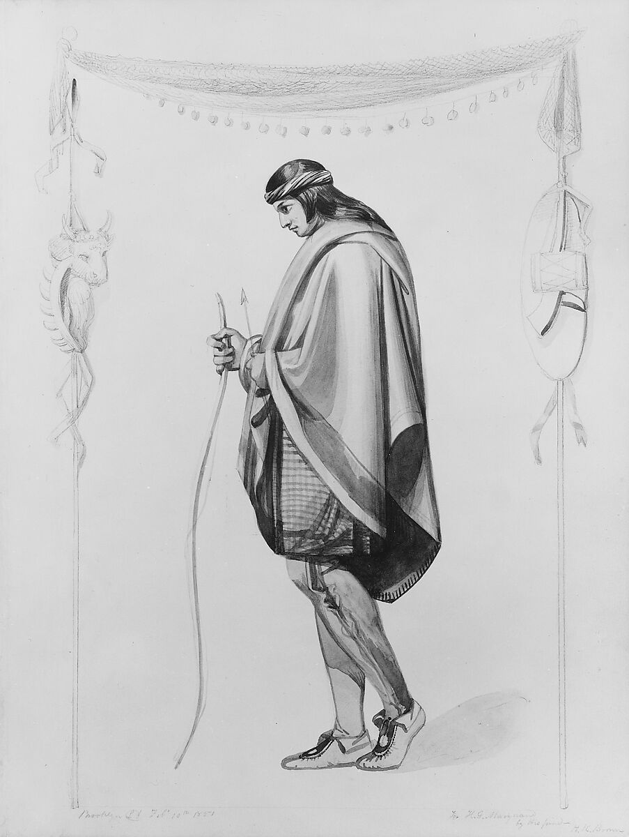 Indian Figure in Profile, Henry Kirke Brown (American, Leyden, Massachusetts 1814–1886 Newburgh, New York), Watercolor and graphite on thin off-white gilt-edged Bristol board, American