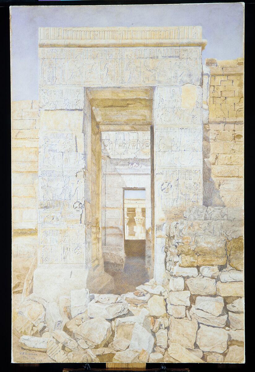 East Entrance, Room of Tiberius, Temple of Isis, Philae, Henry Roderick Newman (American, 1843–1917), Watercolor and graphite on off-white wove paper, laid down on wove paper glued to a wooden strainer, American