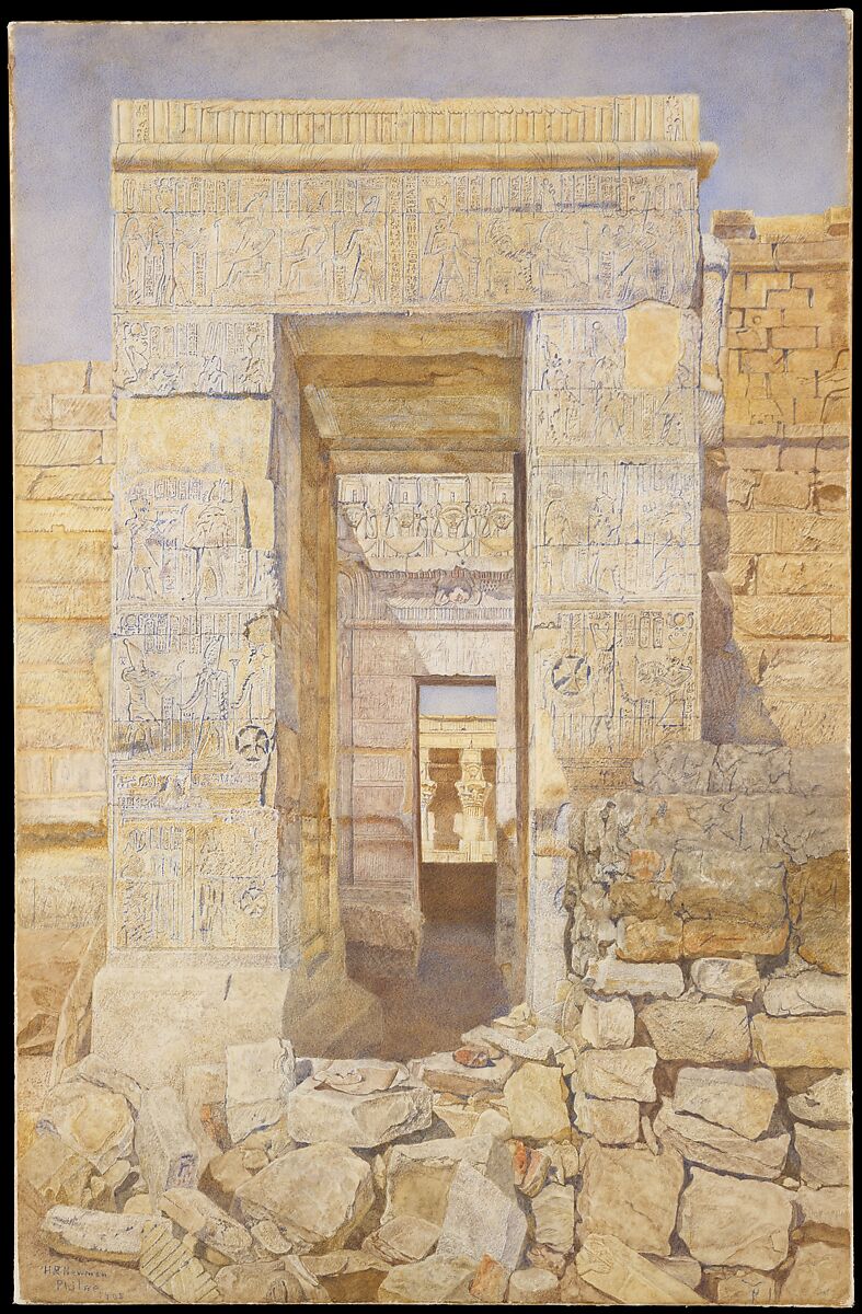East Entrance, Room of Tiberius, Temple of Isis, Philae, Henry Roderick Newman (American, 1843–1917), Watercolor and graphite on off-white wove paper, laid down on wove paper glued to a wooden strainer, American 