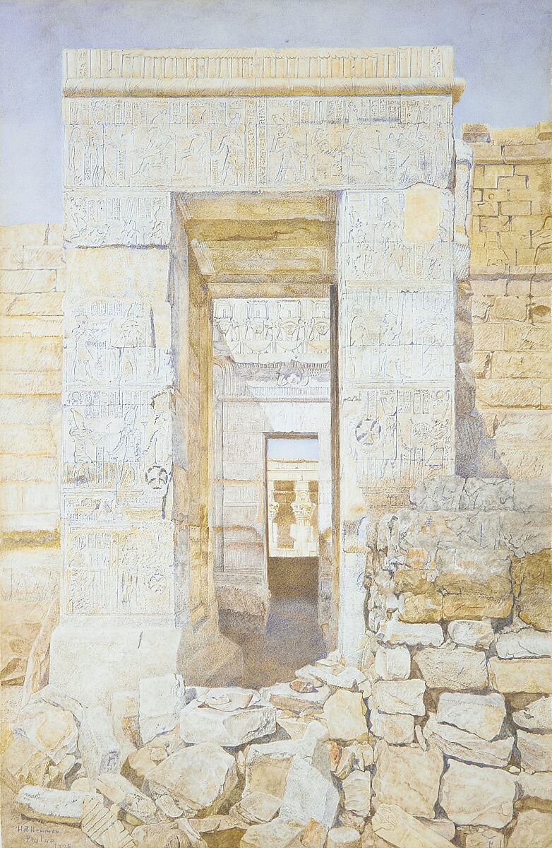 East Entrance, Room of Tiberius, Temple of Isis, Philae, Henry Roderick Newman (American, 1843–1917), Watercolor and graphite on off-white wove paper, laid down on wove paper glued to a wooden strainer, American